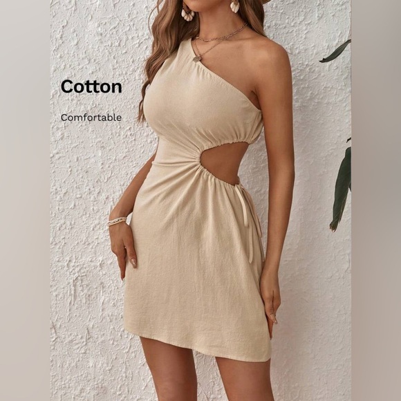 Elegant One-Shoulder Beige Dress side touched cut out size Small/Medium NWOT - Picture 4 of 6